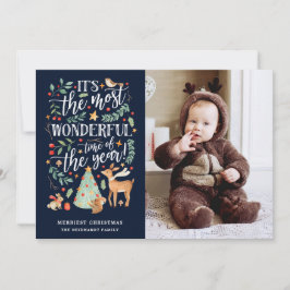 Waterverf Forest most Wonderful Time Navy Foto Feestdagenkaart