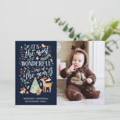 Waterverf Forest most Wonderful Time Navy Foto Feestdagenkaart (Staand voorkant)