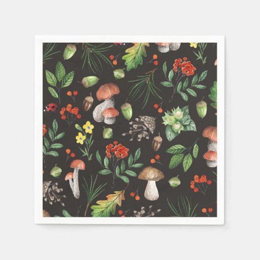 Waterverf Forest Mushrooms Leawers Flowers | Servetten (Voorkant)