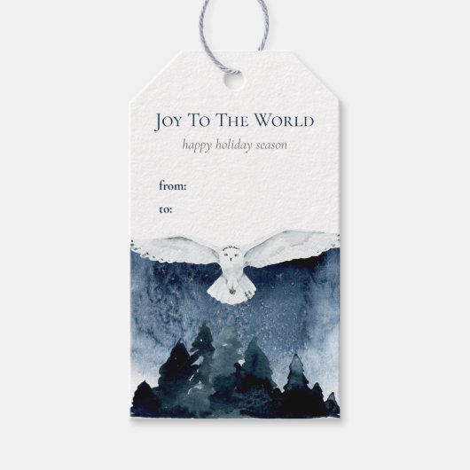 Waterverf Forest Owl Joy Kerstblauw sneeuw Cadeaulabel (Voorkant)