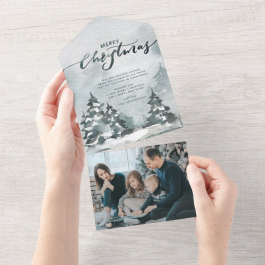 Waterverf Forest | Vroegere kerstfoto All In One Uitnodiging (Afscheurbaar)