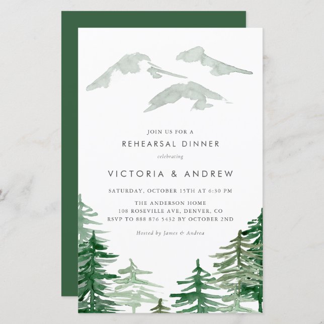 Waterverf Forest Woodland Rehearsal Dinner Invite (Voorkant / Achterkant)