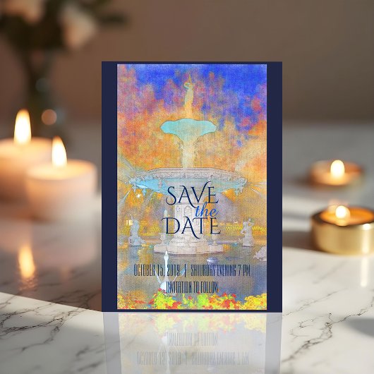 Waterverf Forsyth Fontein bij nacht Save The Date Aankondigingskaart