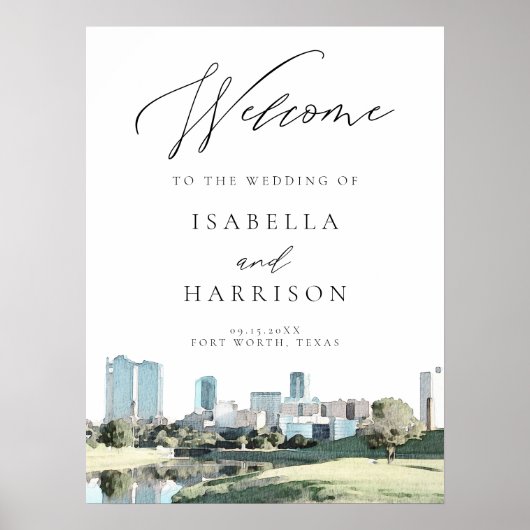 Waterverf Fort Worth Skyline Weddenschap Welkomstt Poster (Voorkant)