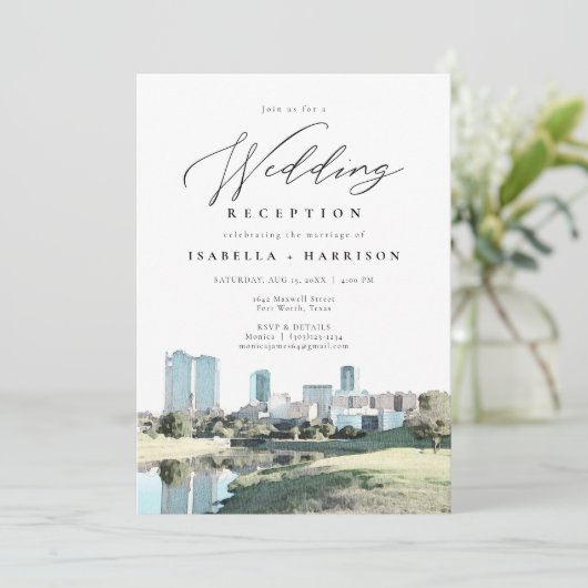 Waterverf Fort Worth Skyline Wedding Reception Kaart (Staand voorkant)