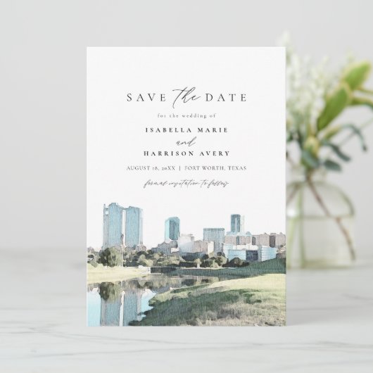 Waterverf Fort Worth Texas Skyline De datum opslaa Kaart (Staand voorkant)