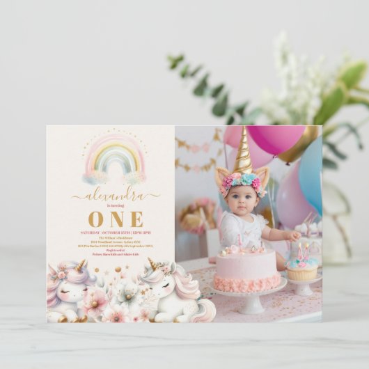 Waterverf foto Eenhoorn Verjaardagsuitnodiging 1e Kaart (Staand voorkant)