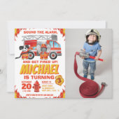 Waterverf Foto Fire Truck Birthday Party Kaart (Voorkant)