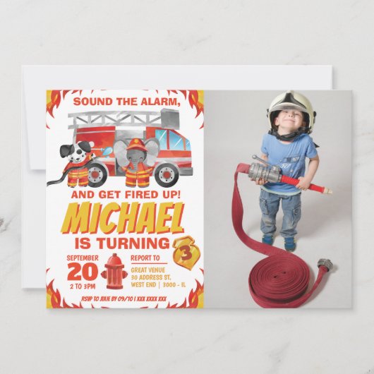 Waterverf Foto Fire Truck Birthday Party Kaart (Voorkant)