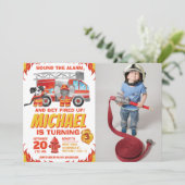 Waterverf Foto Fire Truck Birthday Party Kaart (Staand voorkant)