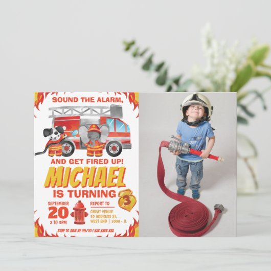 Waterverf Foto Fire Truck Birthday Party Kaart (Staand voorkant)