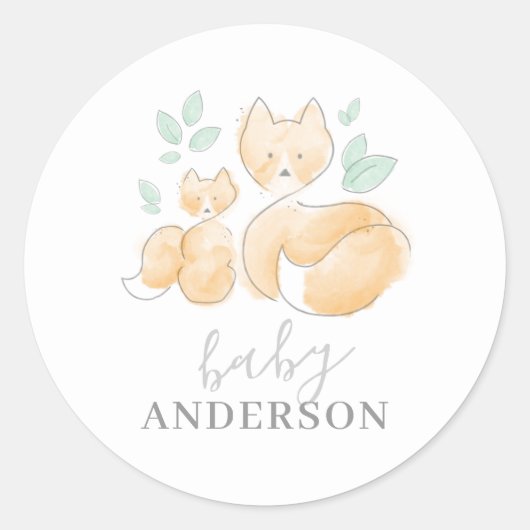 Waterverf Fox Baby Aankondiging Sticker (Voorkant)