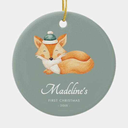 Waterverf Fox Baby eerste kerstgroen Keramisch Ornament (Voorkant)