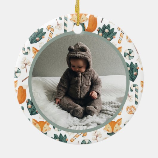 Waterverf Fox Baby eerste kerstgroen Keramisch Ornament (Achterkant)