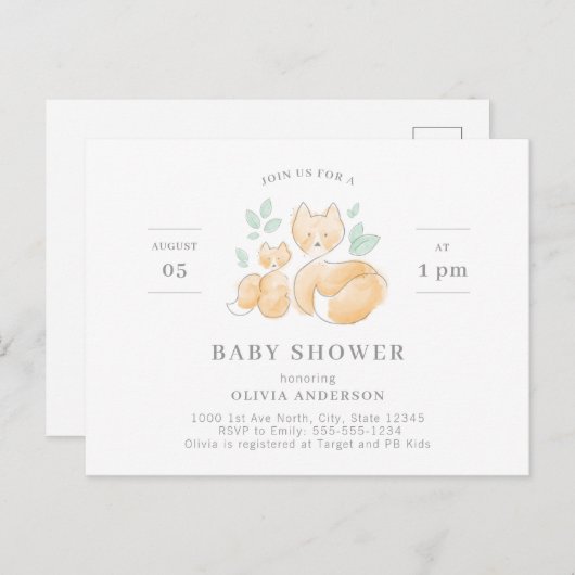 Waterverf Fox Baby shower Briefkaart (Voorkant / Achterkant)