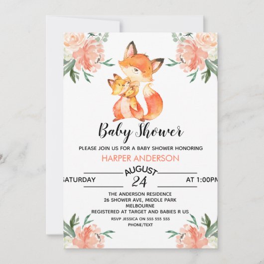 Waterverf Fox Baby shower Uitnodiging (Voorkant)