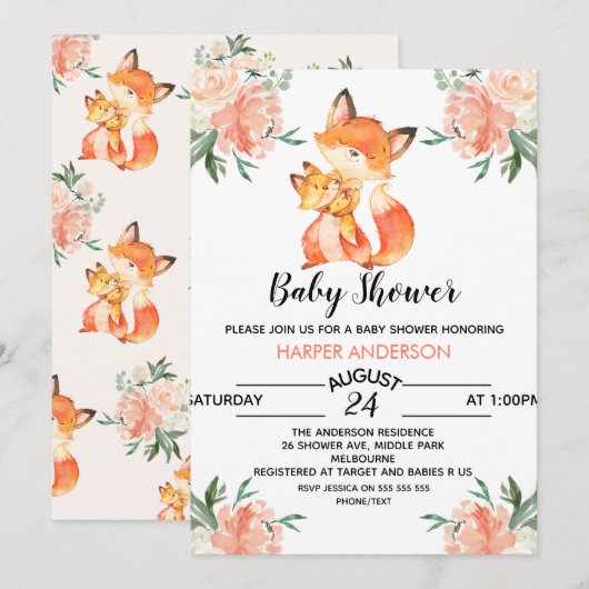 Waterverf Fox Baby shower Uitnodiging (Voorkant / Achterkant)