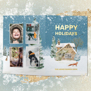 Waterverf Fox Boerderij Kerstmis Folie Feestdagenkaart