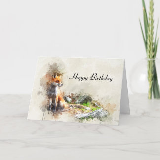 Waterverf Fox en Scenery Happy Birthday Kaart