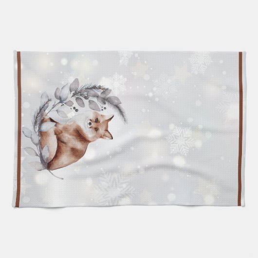 Waterverf fox en sneeuwvakantie theedoek (Horizontaal)