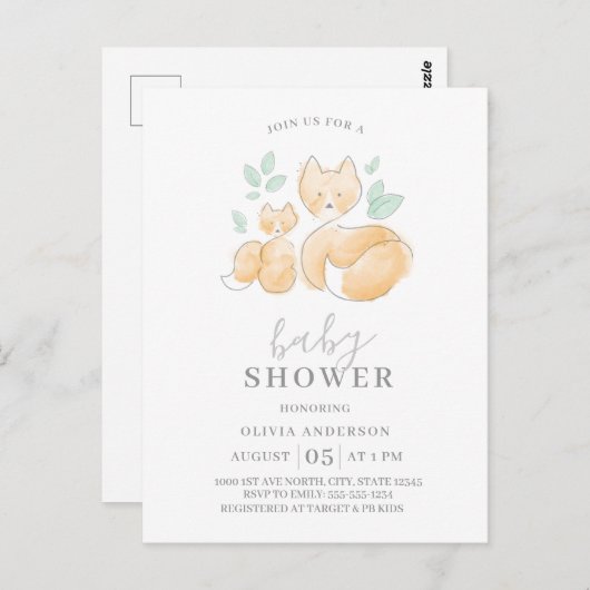 Waterverf Fox Family Baby shower Uitnodiging (Voorkant / Achterkant)