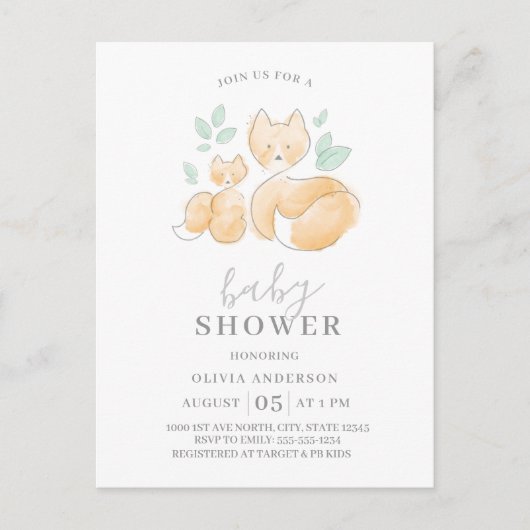 Waterverf Fox Family Baby shower Uitnodiging (Voorkant)