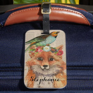 Waterverf Fox Floral Collage Persoonlijke naam Bagagelabel