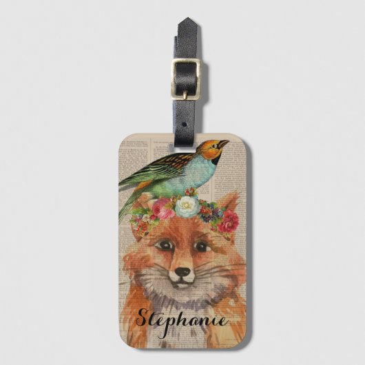 Waterverf Fox Floral Collage Persoonlijke naam Bagagelabel (Voorkant (verticaal))