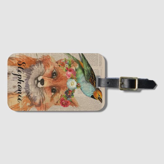 Waterverf Fox Floral Collage Persoonlijke naam Bagagelabel (Voorkant (horizontaal))