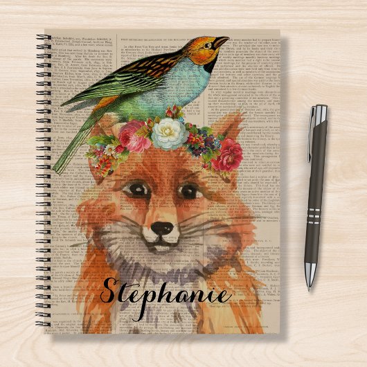 Waterverf Fox Floral Collage Persoonlijke naam Notitieboek