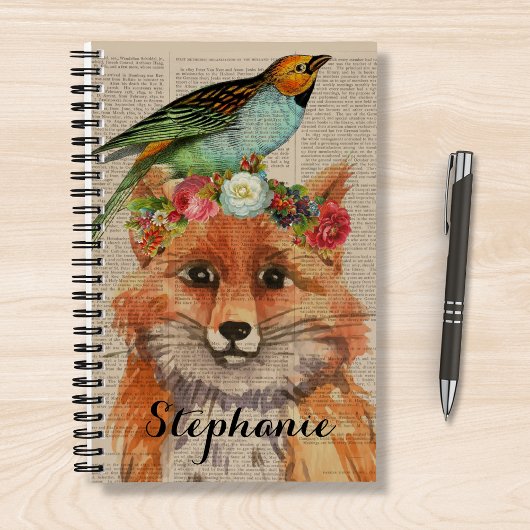 Waterverf Fox Floral Collage Persoonlijke naam Notitieboek