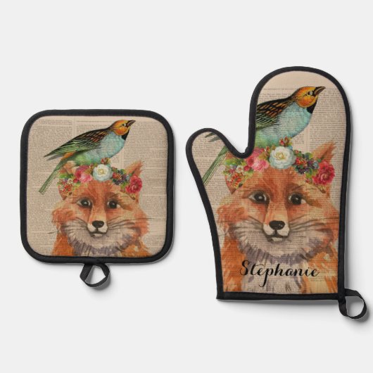 Waterverf Fox Floral Collage Persoonlijke naam Ovenwant & Pannenlap Set (Voorkant)