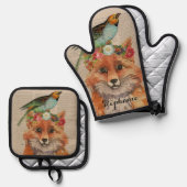 Waterverf Fox Floral Collage Persoonlijke naam Ovenwant & Pannenlap Set (Voorkant / Achterkant)