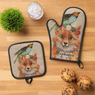 Waterverf Fox Floral Collage Persoonlijke naam Ovenwant & Pannenlap Set