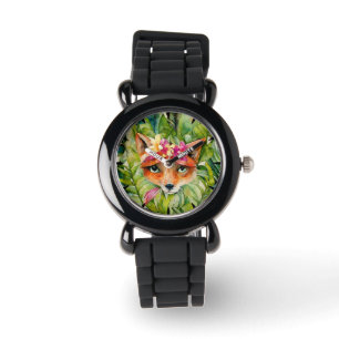 Waterverf Fox Flowers en Groene Bladeren Horloge