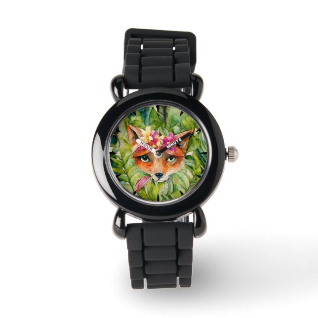 Waterverf Fox Flowers en Groene Bladeren Horloge (Voorkant)