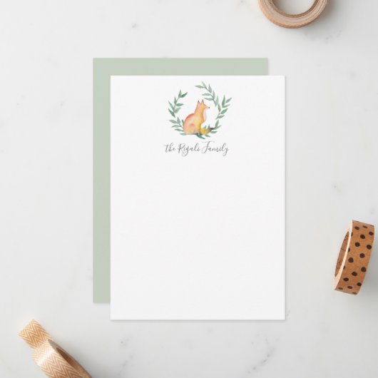 Waterverf Fox & Greenery - Aangepaste schrijfbenod Notitiekaartje (Voorkant / Achterkant in situ)