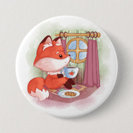 Waterverf Fox met Tea en Biscuits Ronde Button 7,6 Cm