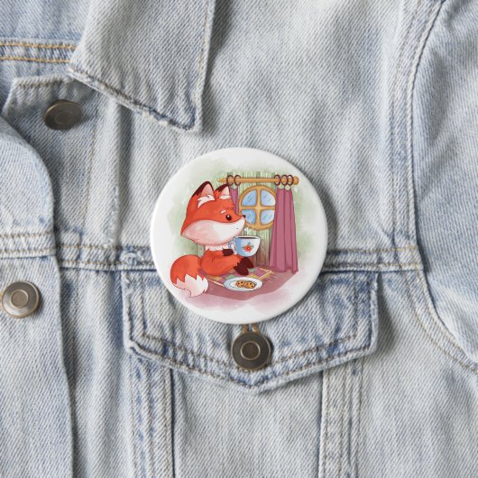 Waterverf Fox met Tea en Biscuits Ronde Button 7,6 Cm (In situ)