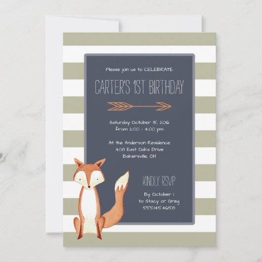 Waterverf Fox Navy Oranje Stripes Birthday Kaart (Voorkant)