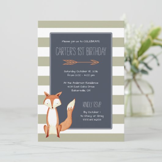 Waterverf Fox Navy Oranje Stripes Birthday Kaart (Staand voorkant)