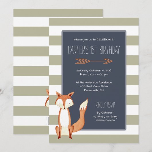 Waterverf Fox Navy Oranje Stripes Birthday Kaart (Voorkant / Achterkant)