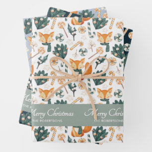 Waterverf Fox Pattern Merry Christmas Monogram Inpakpapier Vel