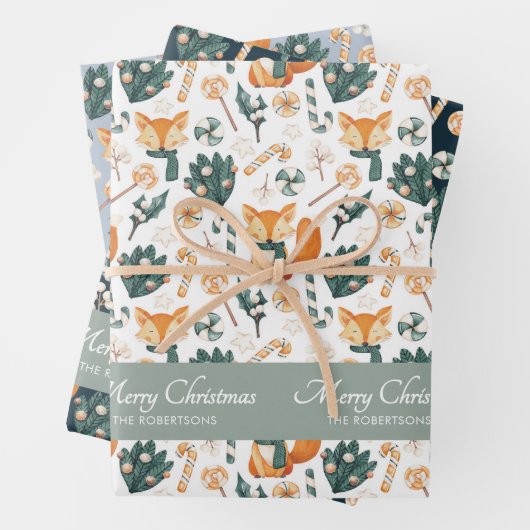 Waterverf Fox Pattern Merry Christmas Monogram Inpakpapier Vel (In situ)