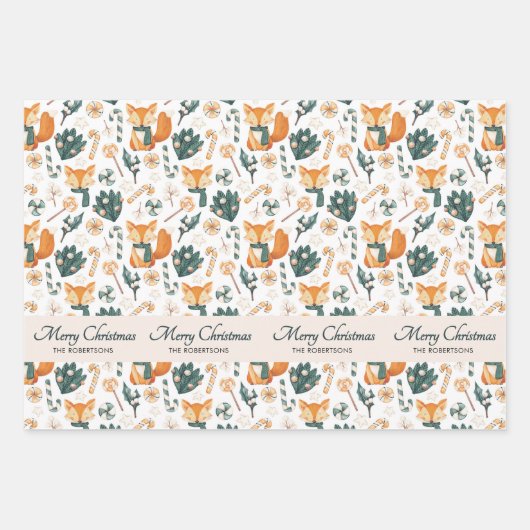Waterverf Fox Pattern Merry Christmas Monogram Inpakpapier Vel (Voorkant)