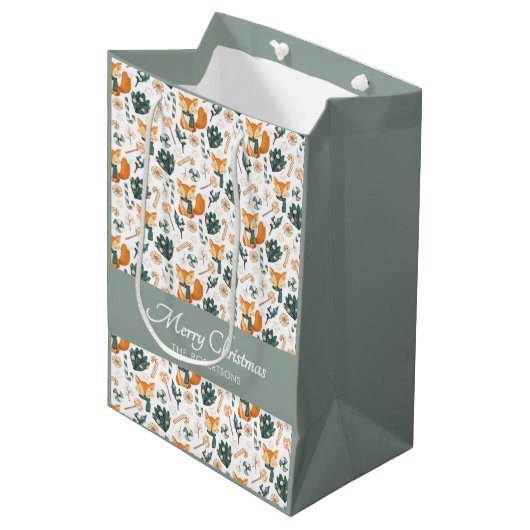 Waterverf Fox Pattern Merry Christmas Monogram Medium Cadeauzakje (Voorkant Gekanteld)