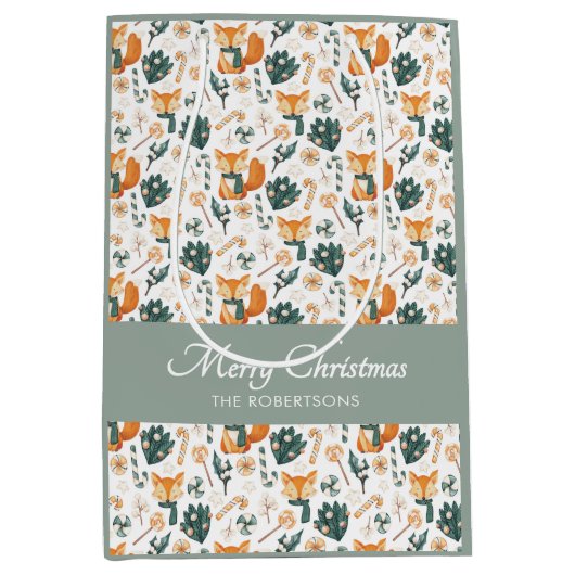 Waterverf Fox Pattern Merry Christmas Monogram Medium Cadeauzakje (Voorkant)