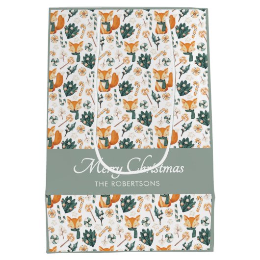 Waterverf Fox Pattern Merry Christmas Monogram Medium Cadeauzakje (Achterkant)