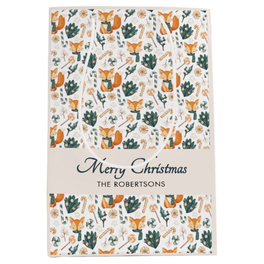 Waterverf Fox Pattern Merry Christmas Monogram Medium Cadeauzakje (Voorkant)