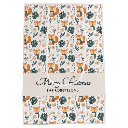 Waterverf Fox Pattern Merry Christmas Monogram Medium Cadeauzakje (Achterkant)